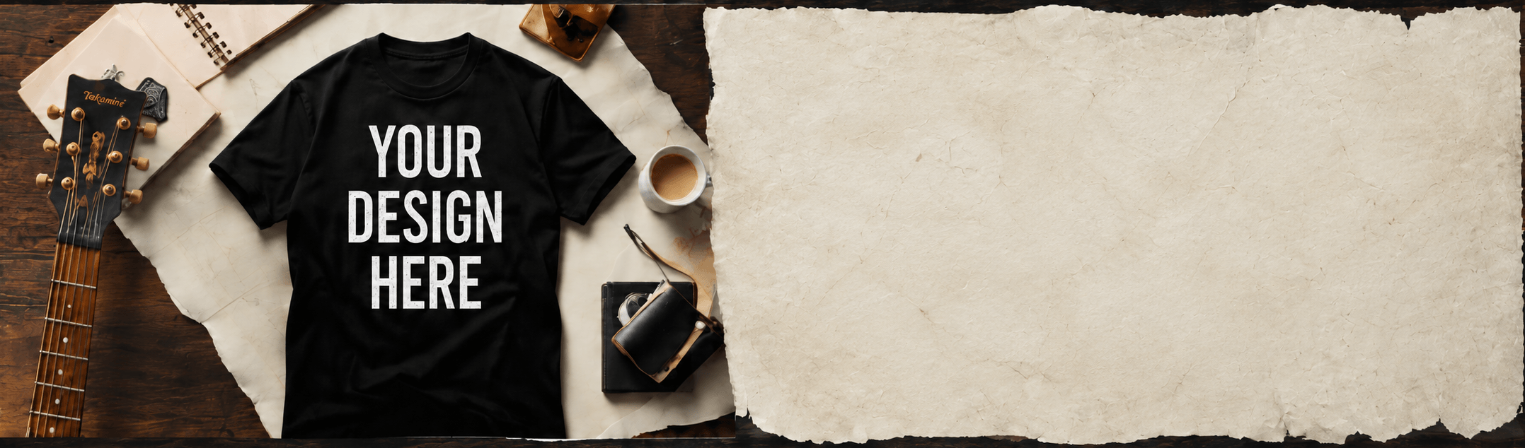Customizer background – T-shirt flatlay on wooden table